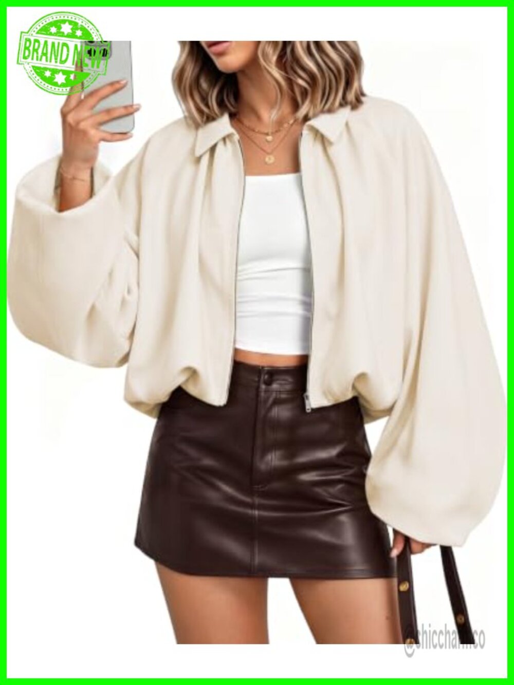 Oversized Bomber Jacket Puff Sleeve Pleated Cropped Coat Zip Up Casual